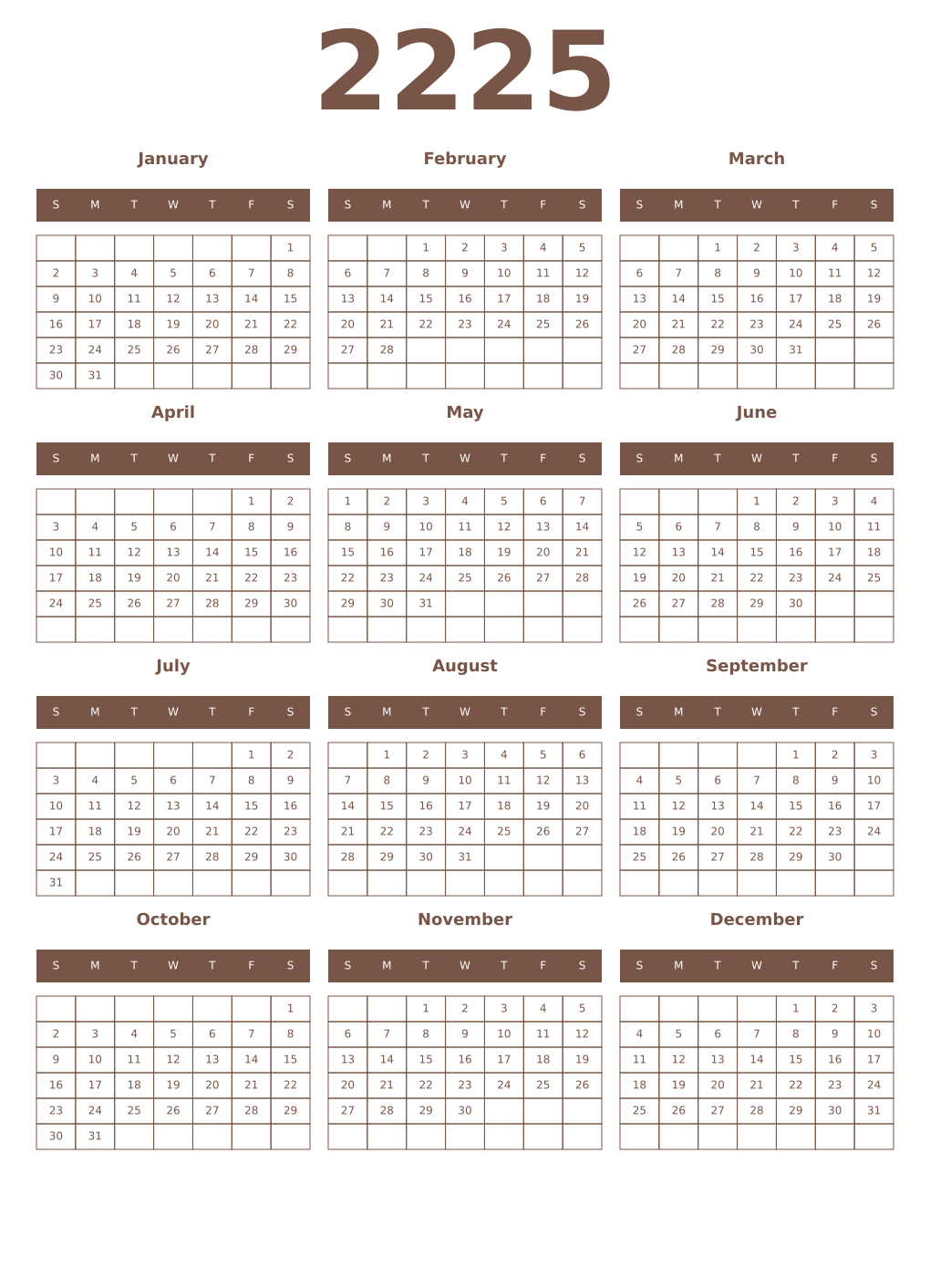 Printable 2225 Year Calendars coffe