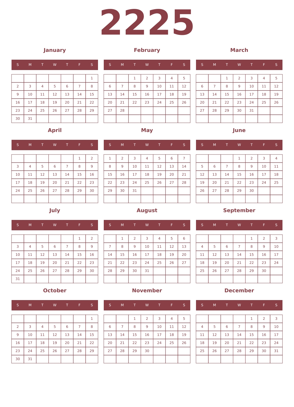 Printable 2225 Year Calendars cordovan