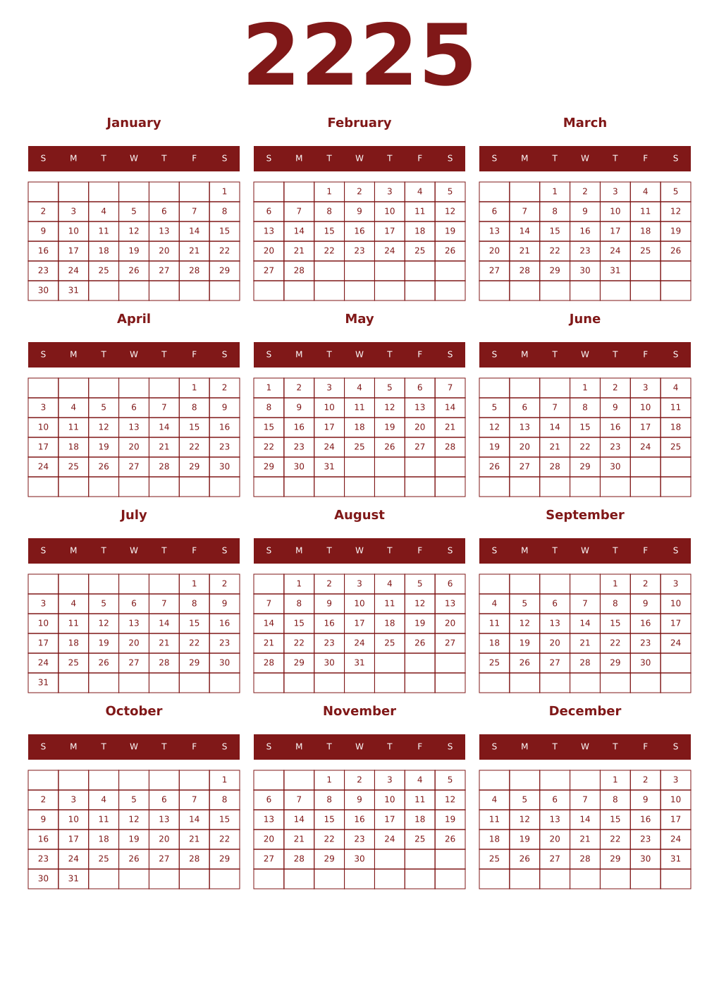 Printable 2225 Year Calendars falu