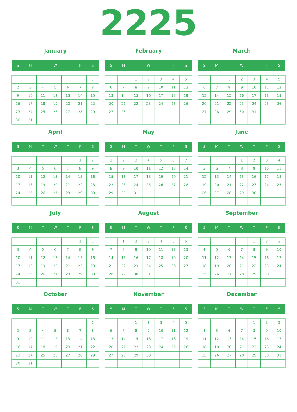Printable 2225 Year Calendars green