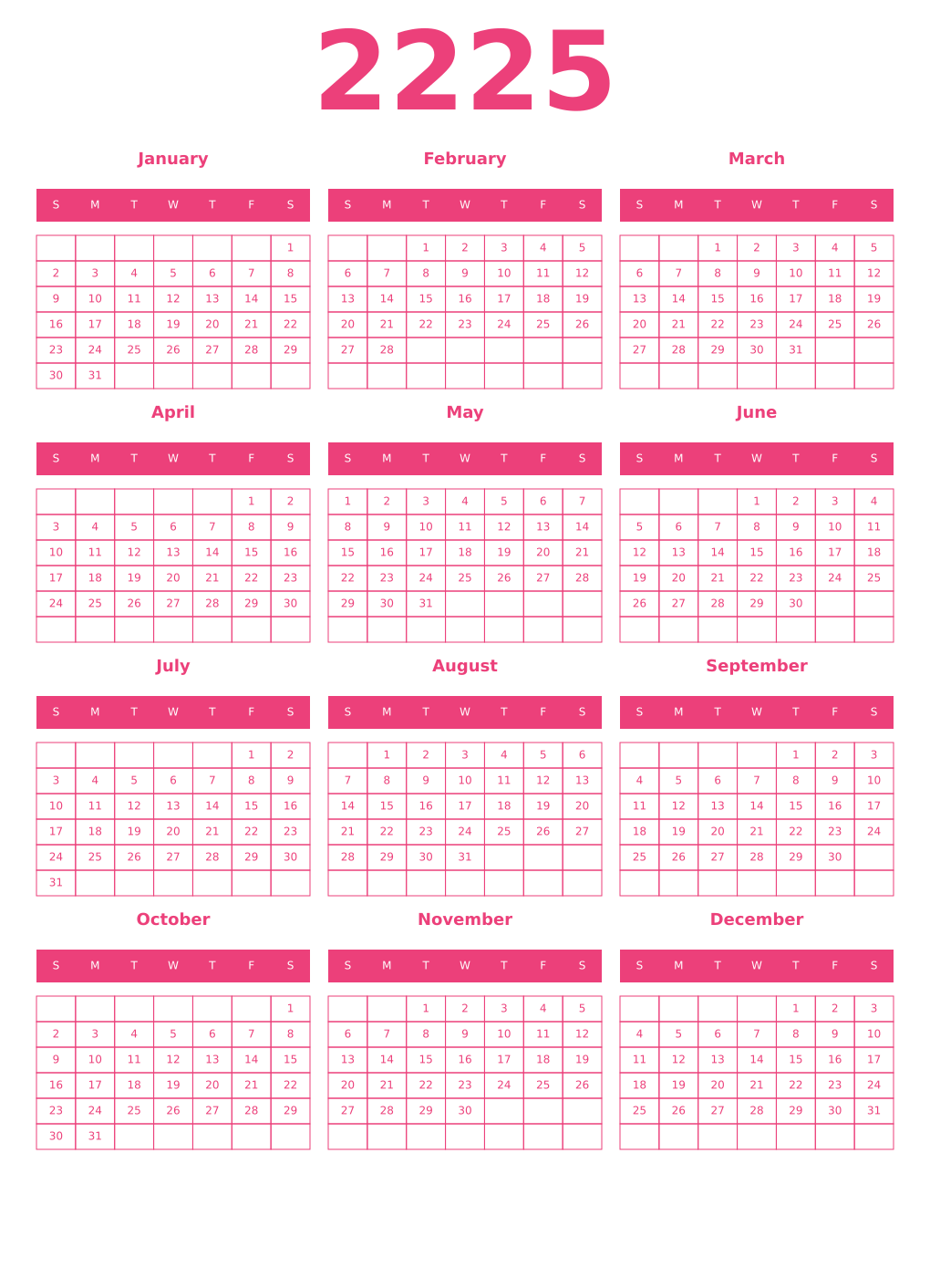 Printable 2225 Year Calendars pink