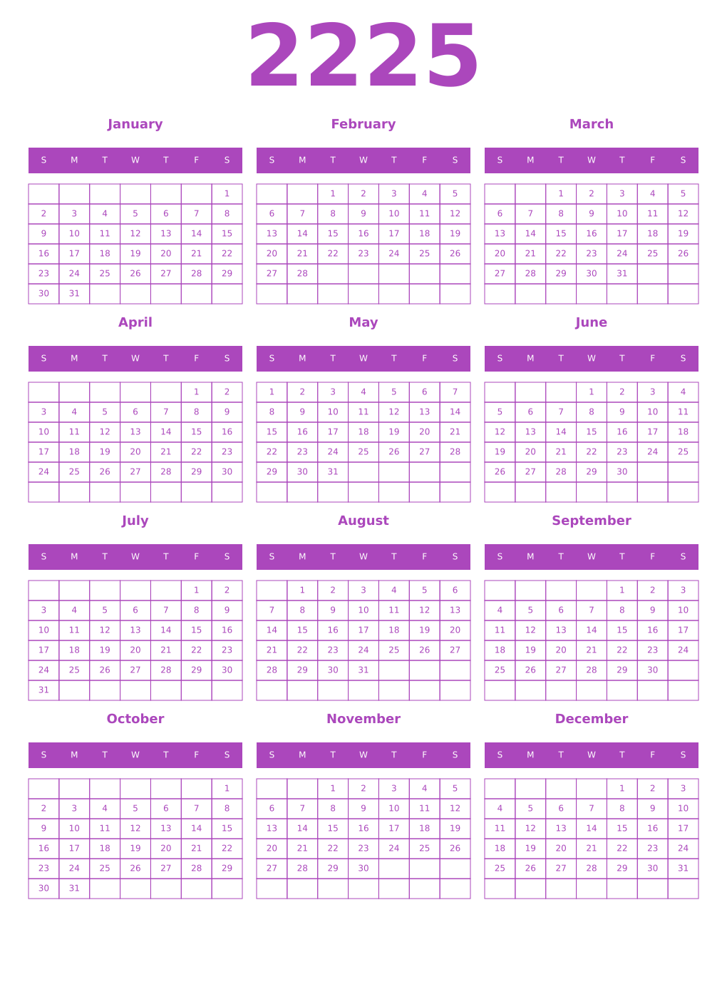 Printable 2225 Year Calendars purple