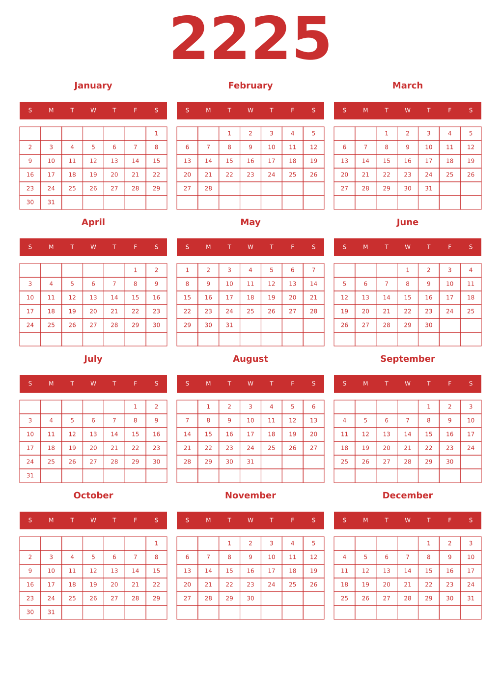 Printable 2225 Year Calendars red