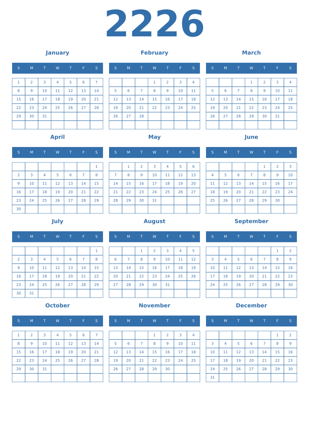 Printable 2226 Year Calendars blue