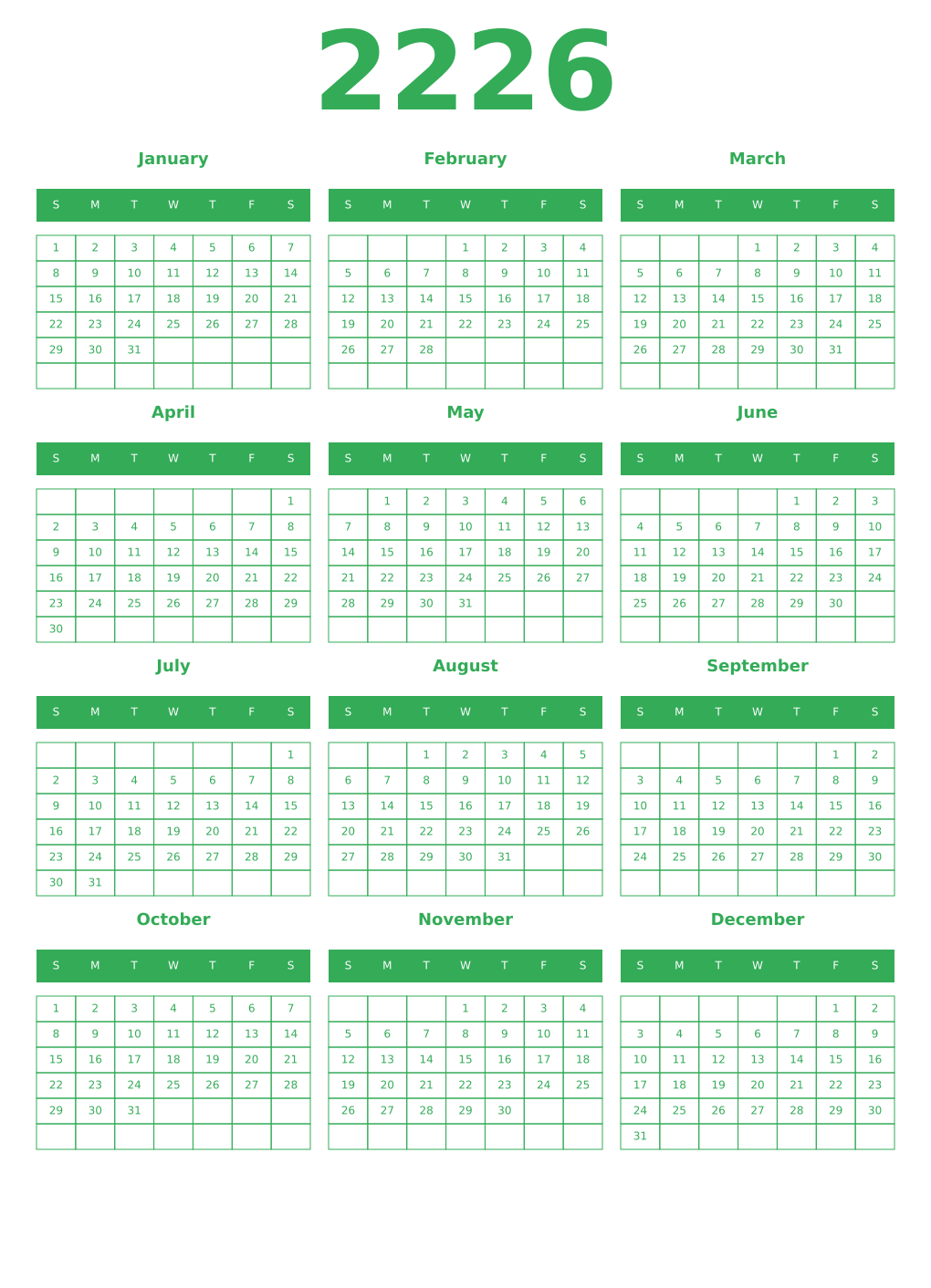 Printable 2226 Year Calendars green