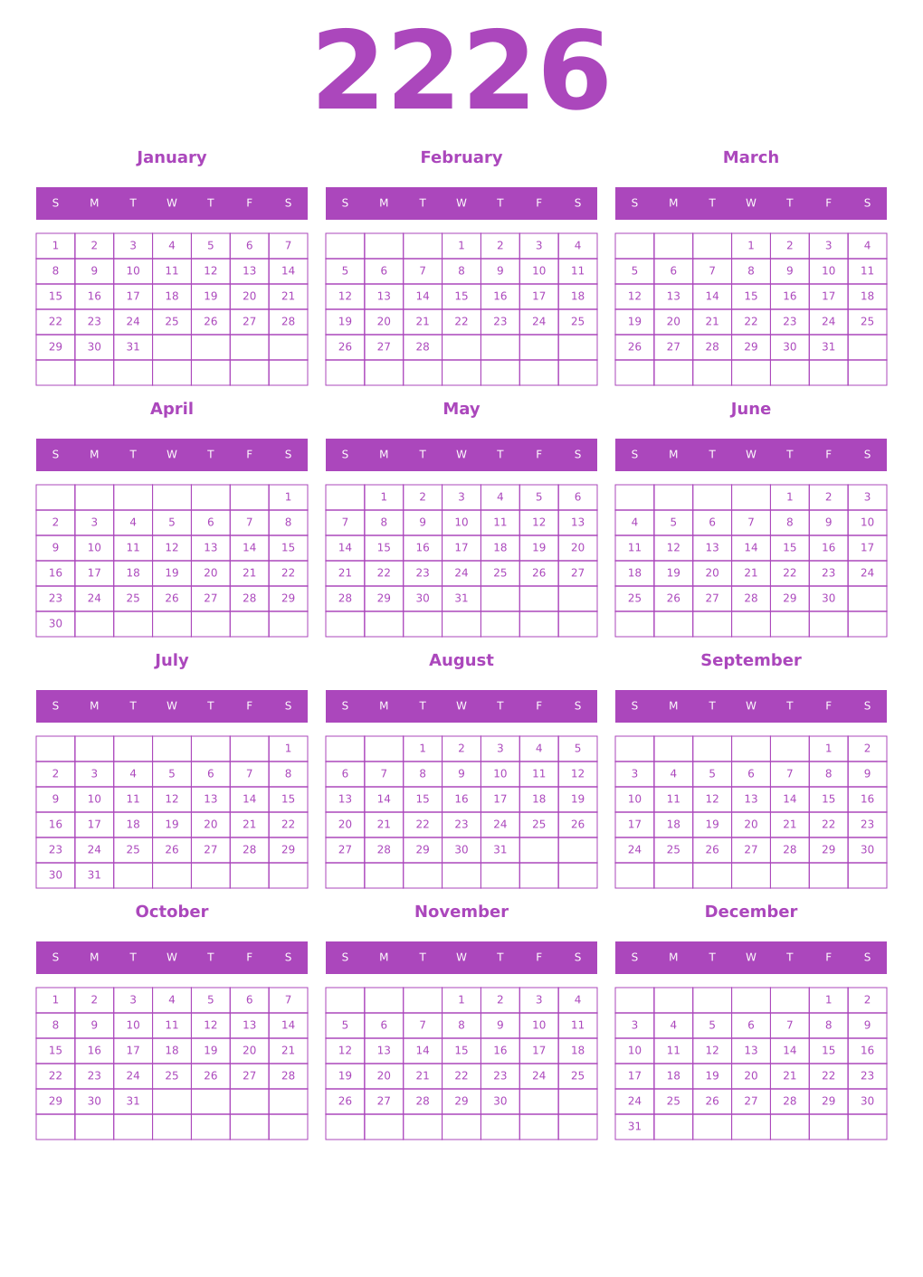 Printable 2226 Year Calendars purple