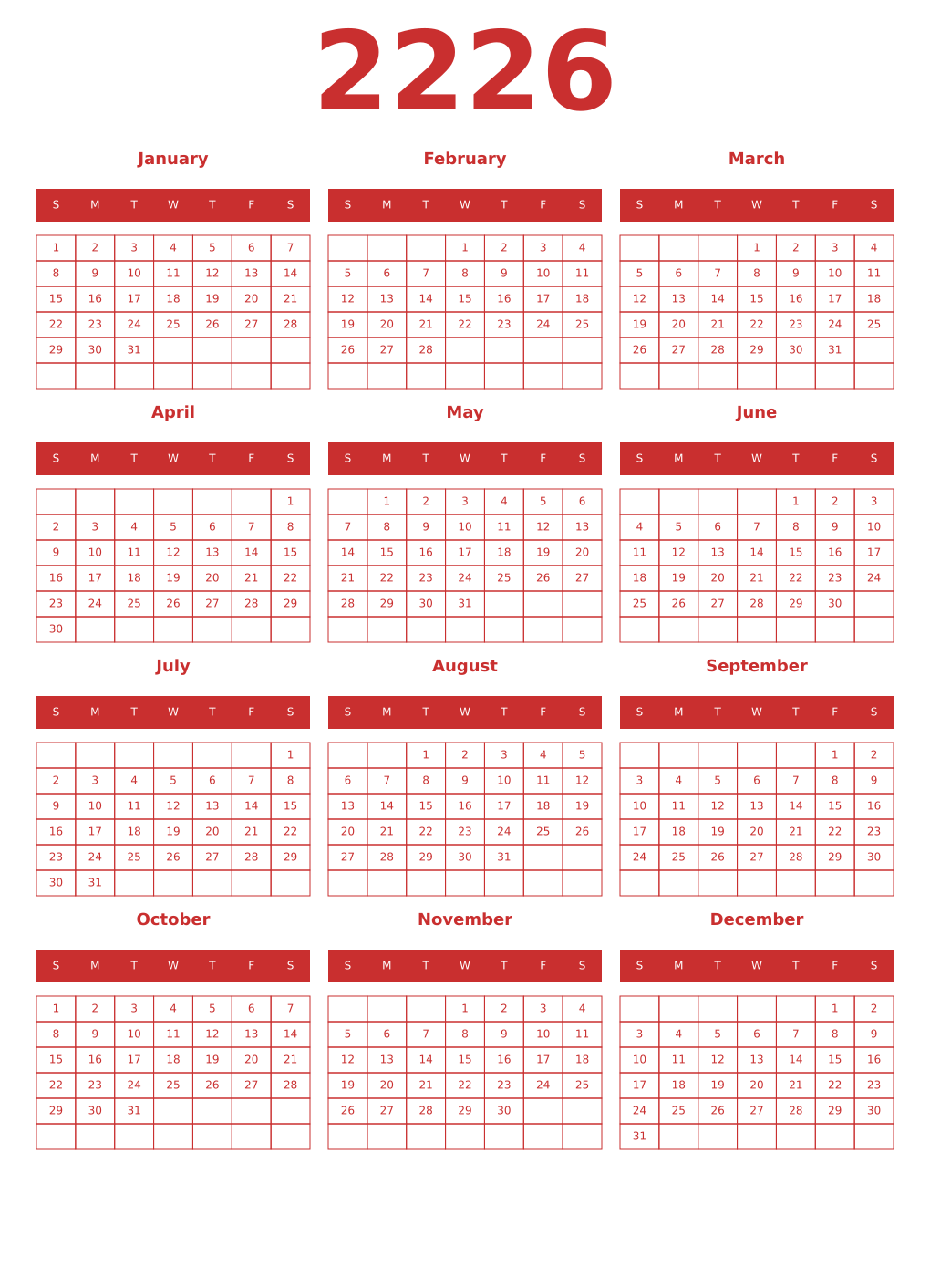 Printable 2226 Year Calendars red