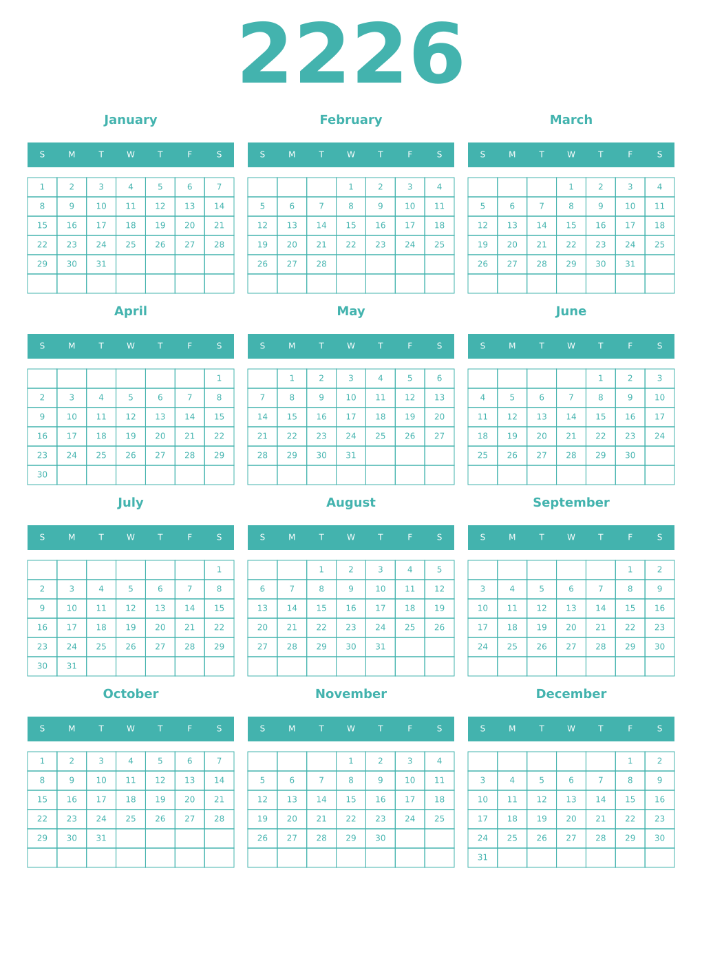 Printable 2226 Year Calendars verdigris
