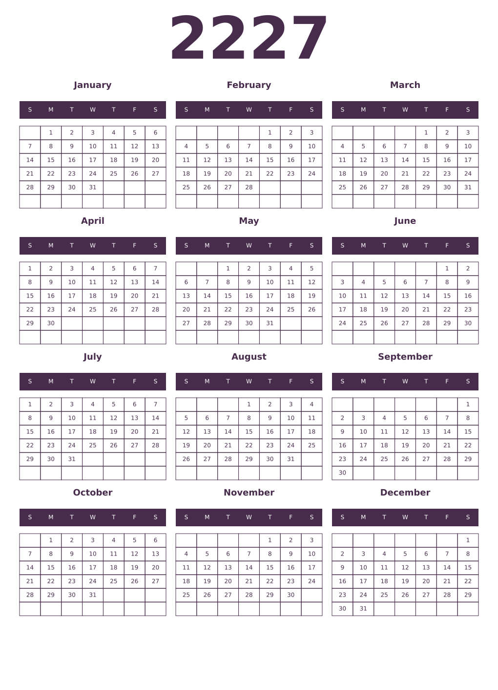 Printable 2227 Year Calendars aubergine