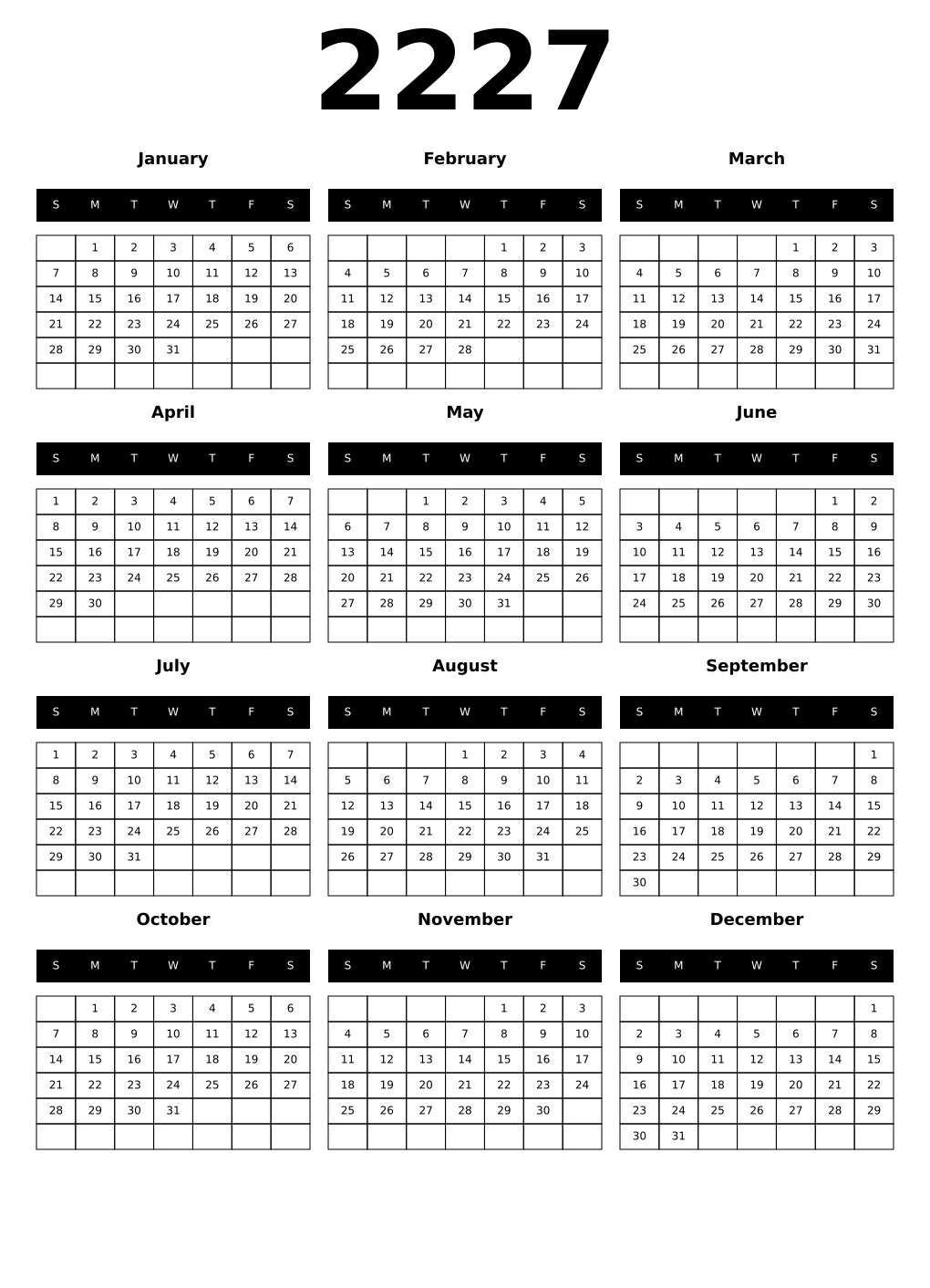 Printable 2227 Year Calendars black