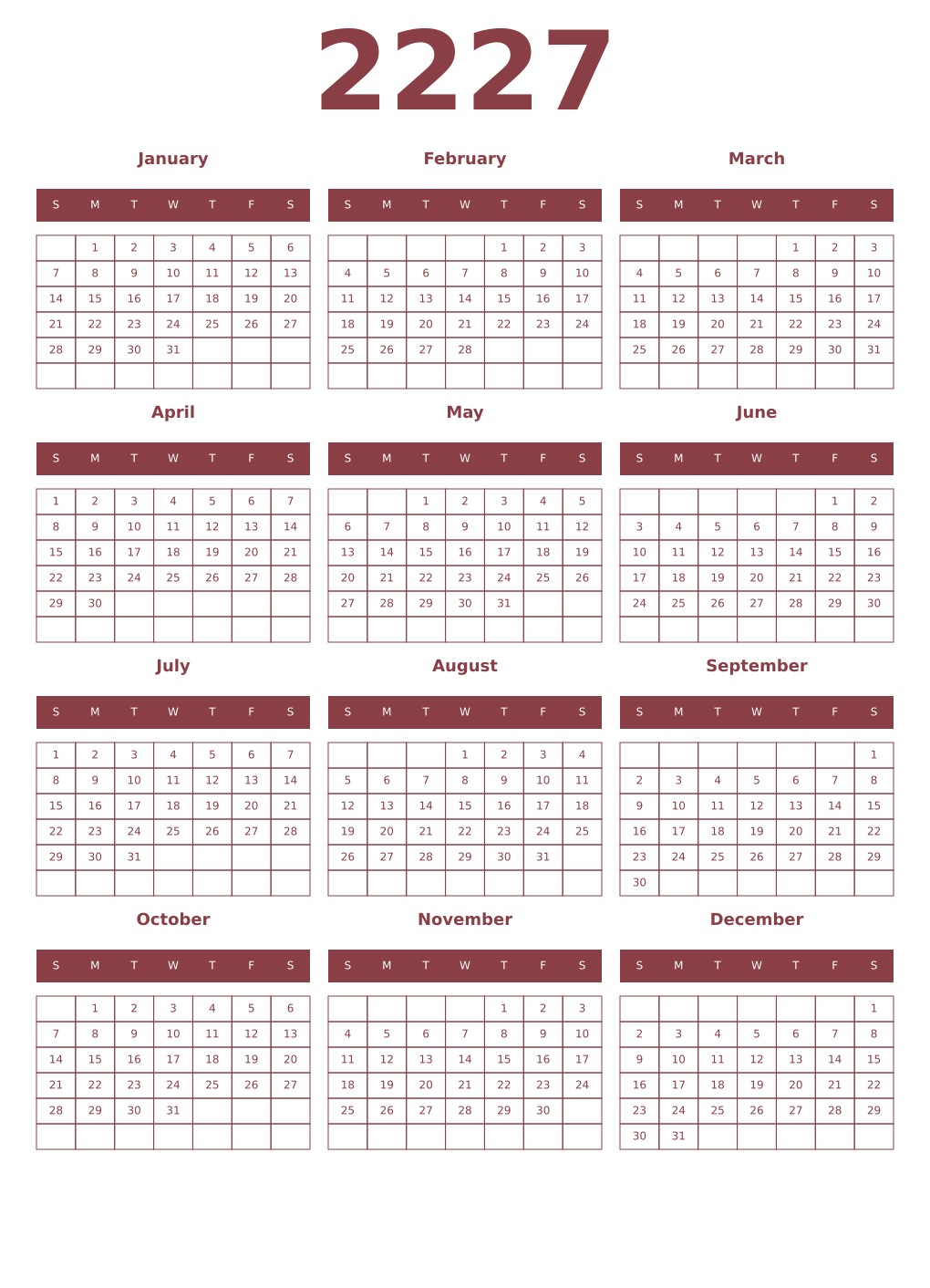 Printable 2227 Year Calendars cordovan