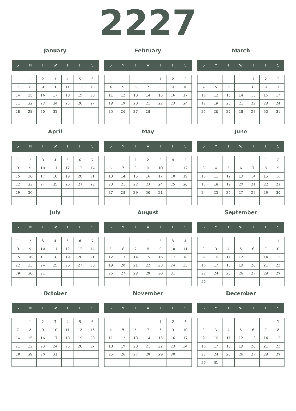 Printable 2227 Year Calendars feldgrau