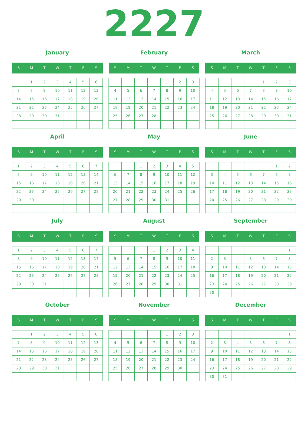 Printable 2227 Year Calendars green