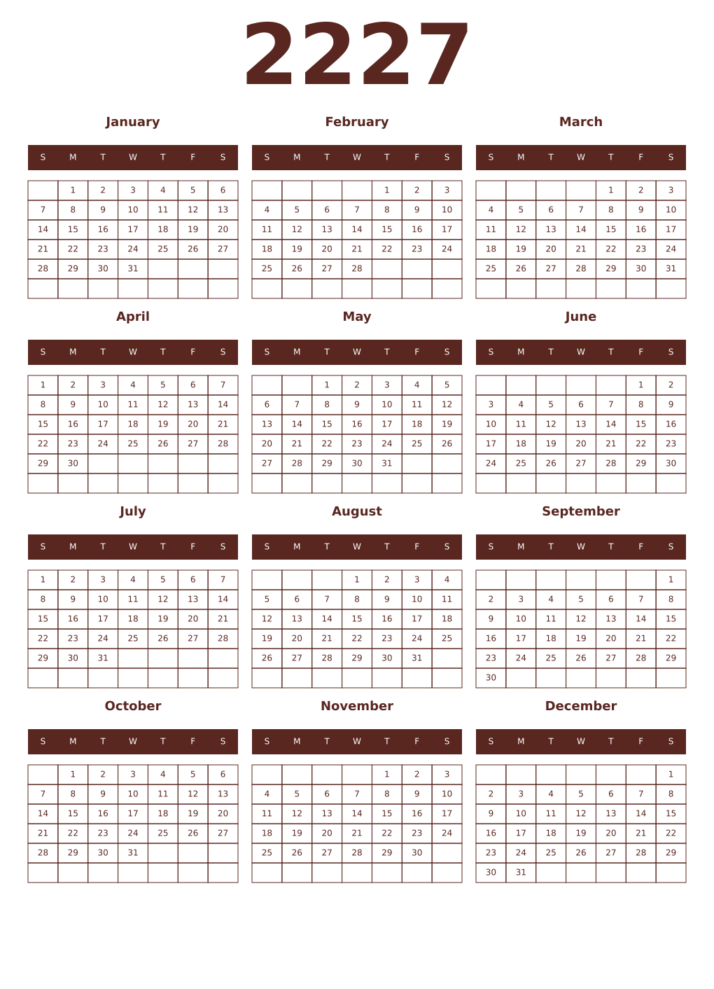 Printable 2227 Year Calendars mortuum