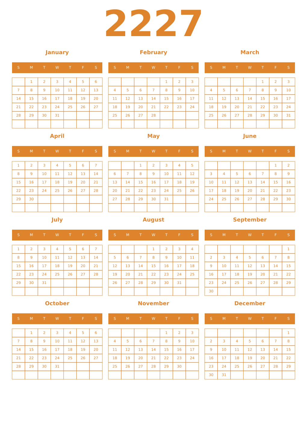 Printable 2227 Year Calendars orange