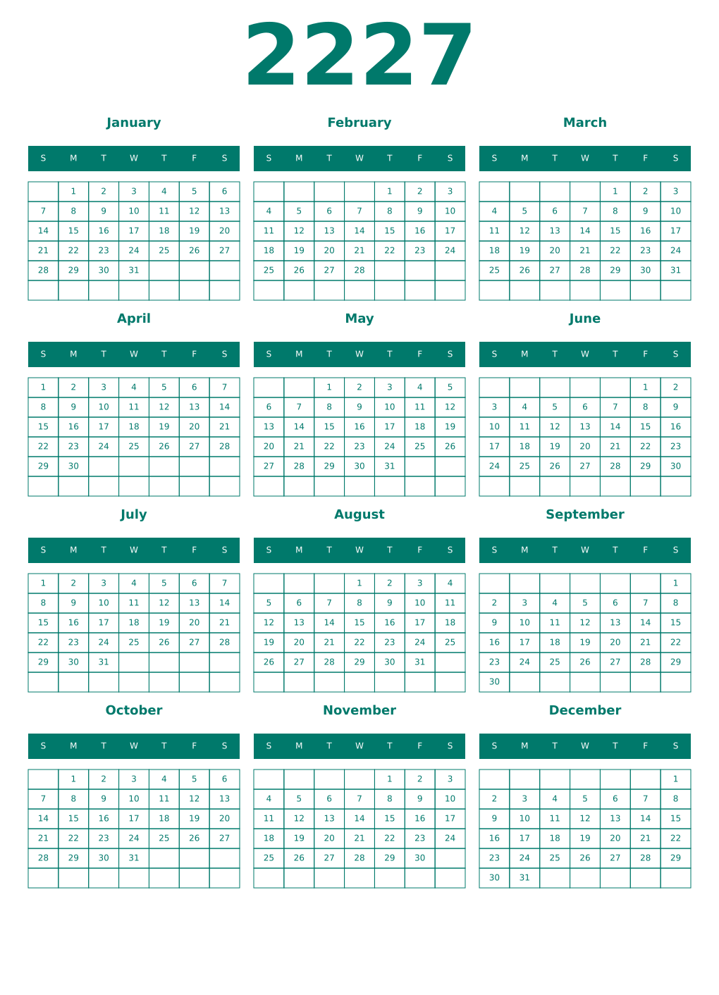 Printable 2227 Year Calendars pastel