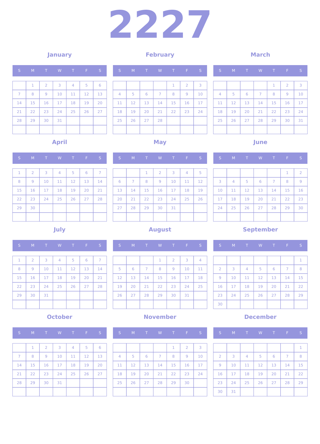Printable 2227 Year Calendars periwinkle