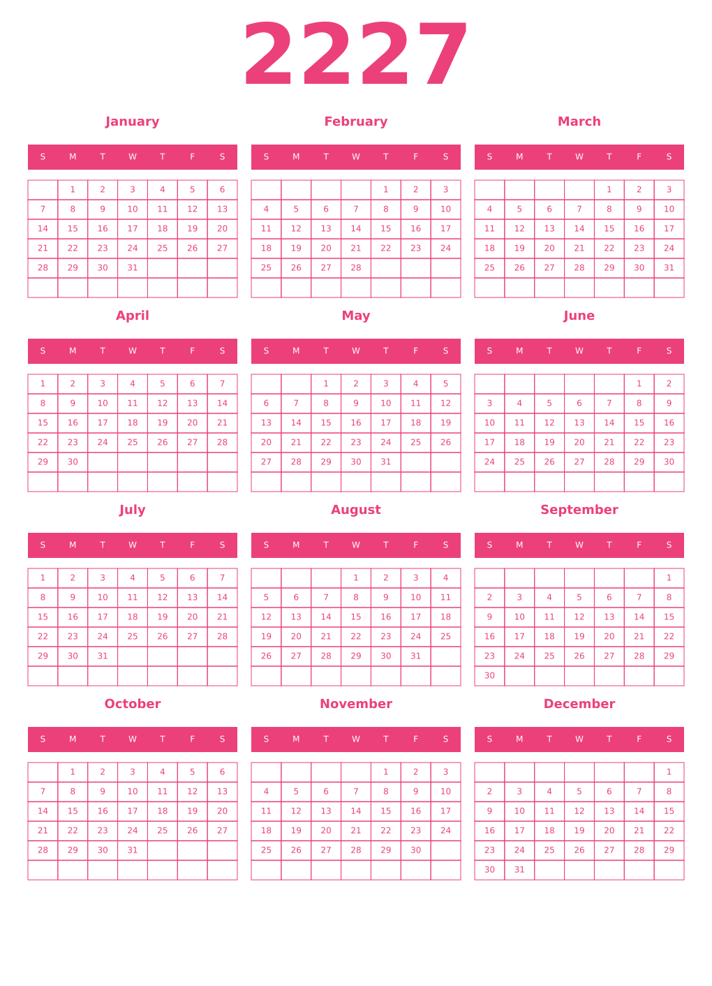 Printable 2227 Year Calendars pink