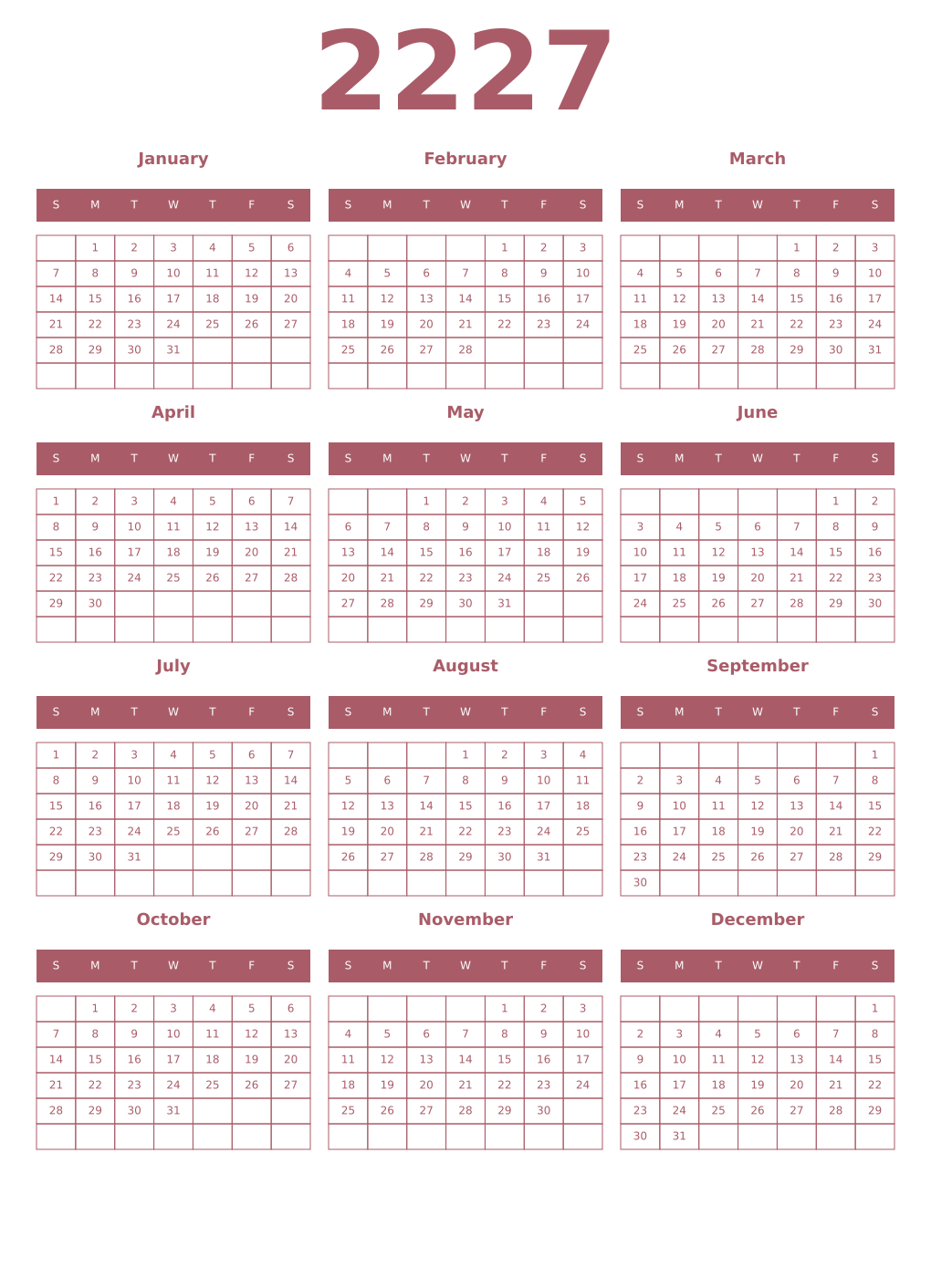 Printable 2227 Year Calendars puce