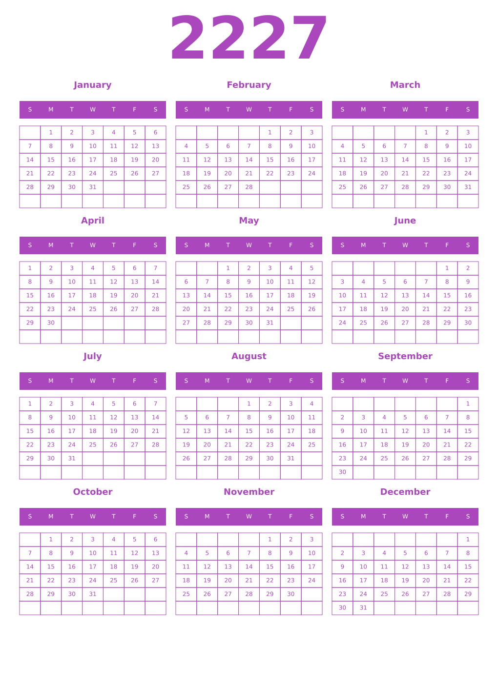 Printable 2227 Year Calendars purple
