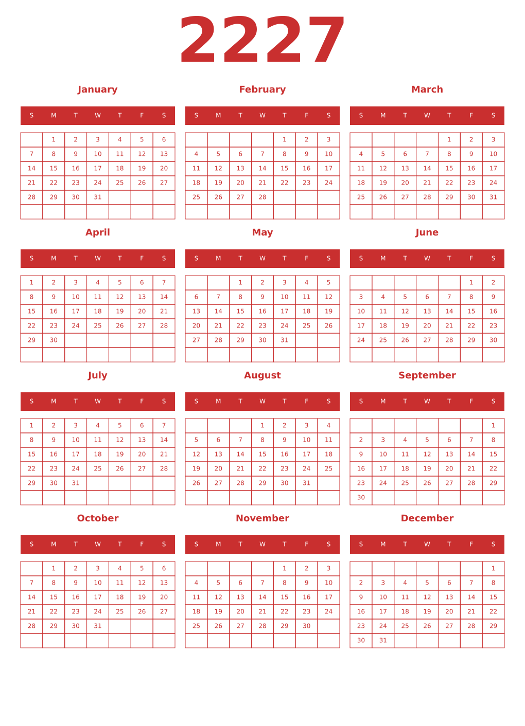 Printable 2227 Year Calendars red