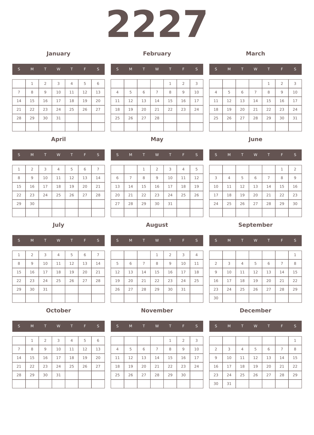 Printable 2227 Year Calendars wenge