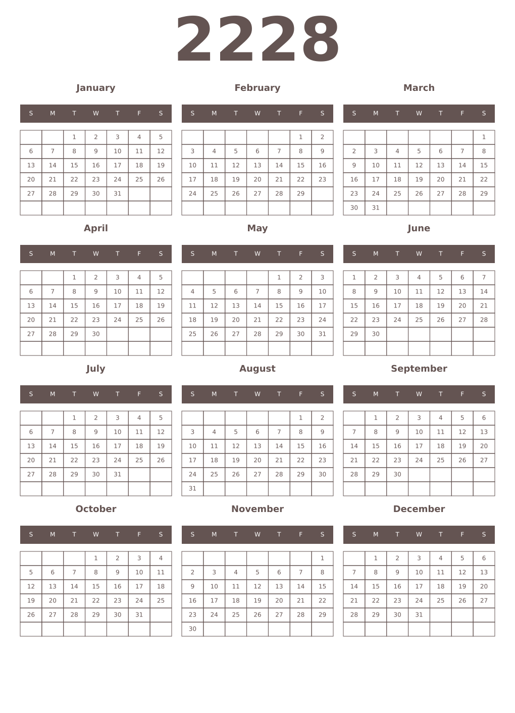 Printable 2228 Year Calendars wenge
