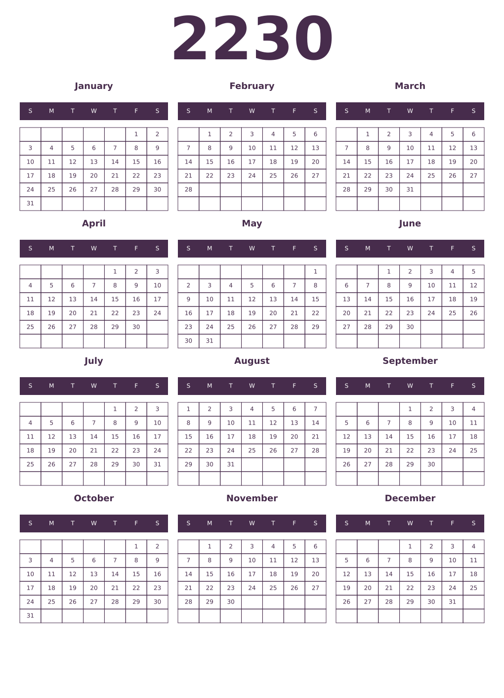 Printable 2230 Year Calendars aubergine