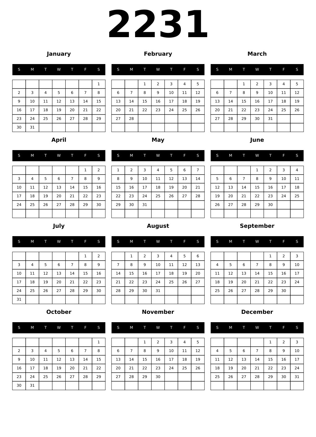 Printable 2231 Year Calendars black