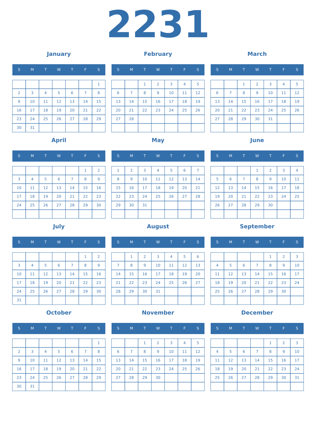 Printable 2231 Year Calendars blue