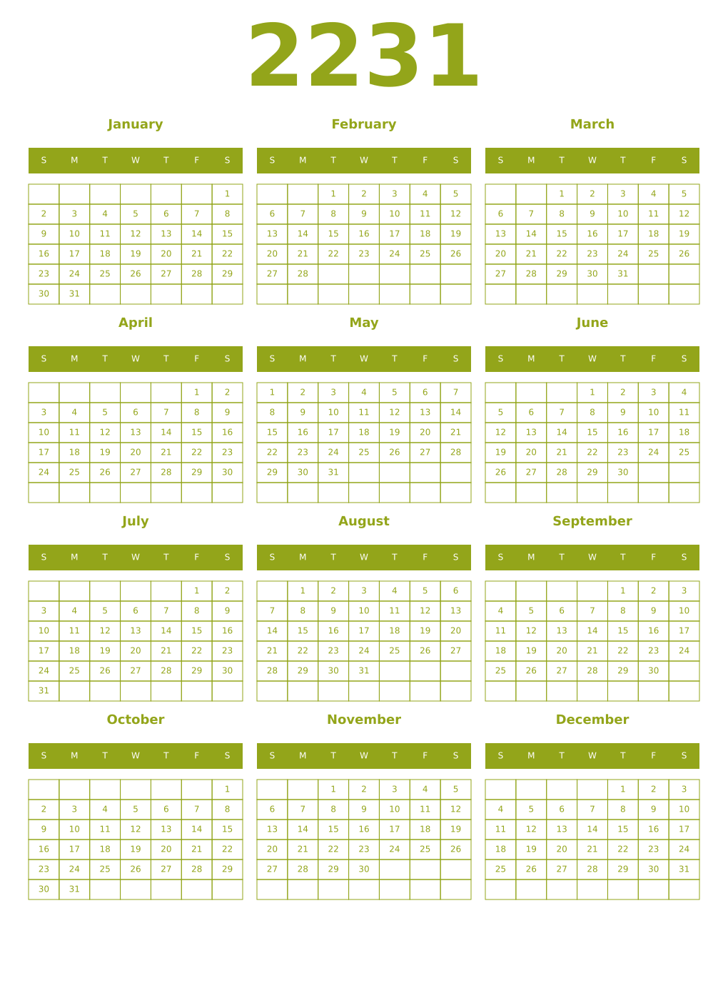 Printable 2231 Year Calendars chartreuse