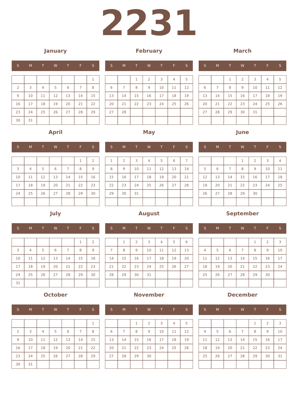 Printable 2231 Year Calendars coffe