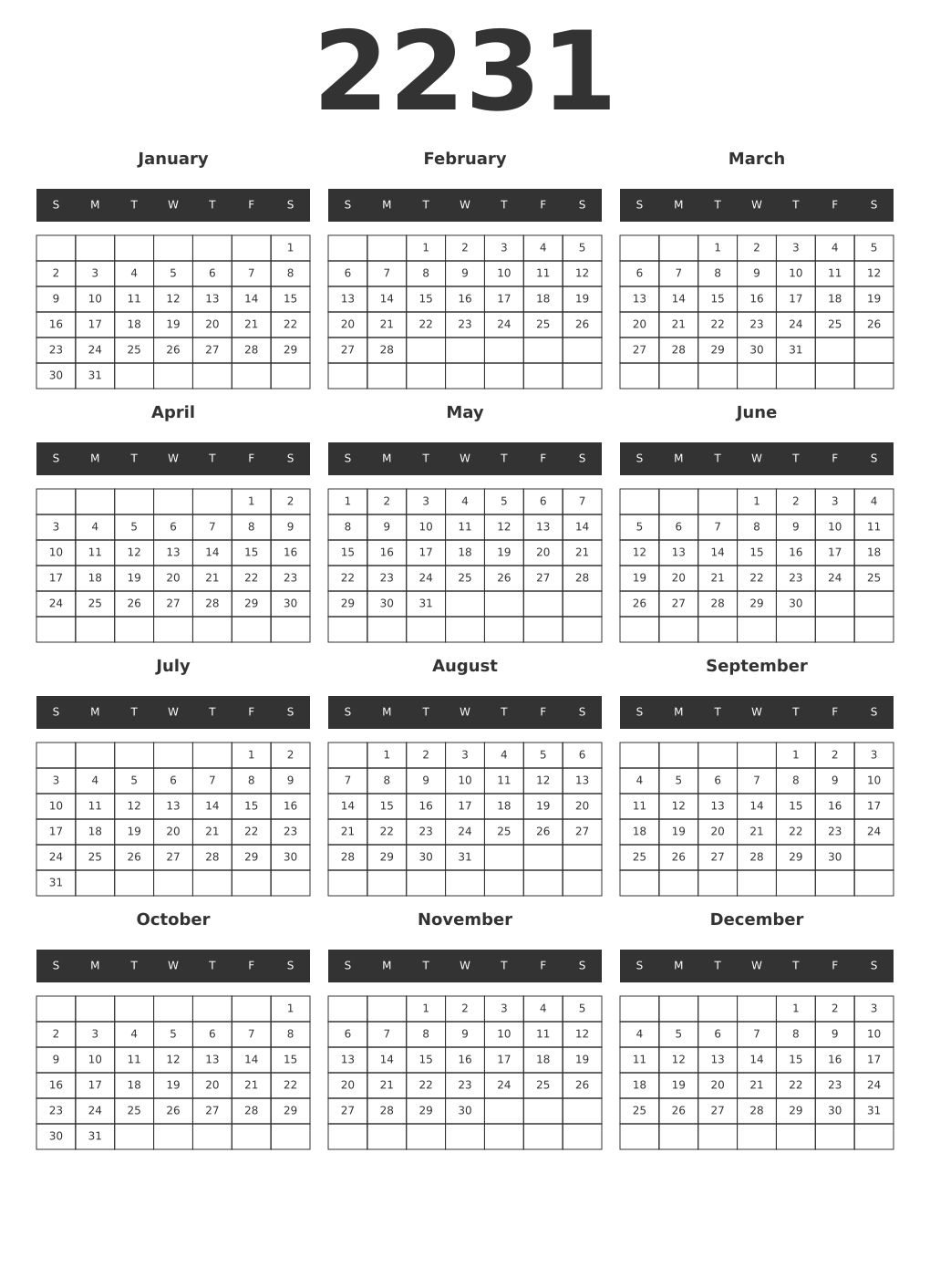 Printable 2231 Year Calendars dark