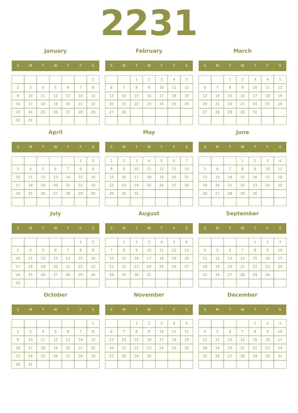 Printable 2231 Year Calendars eburnean
