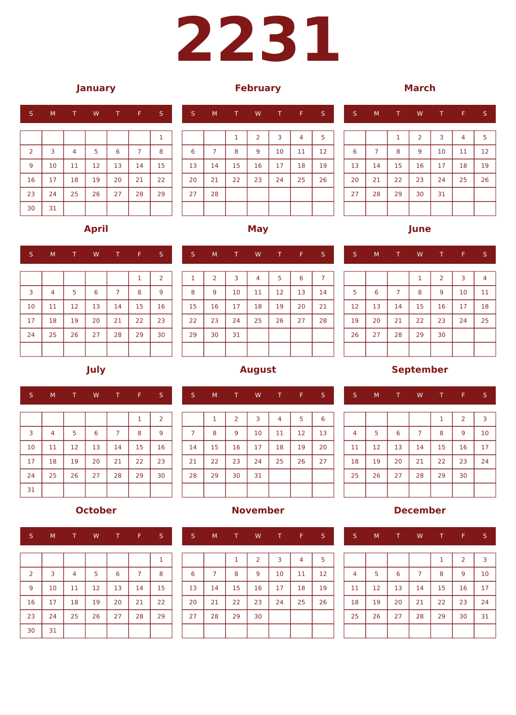 Printable 2231 Year Calendars falu
