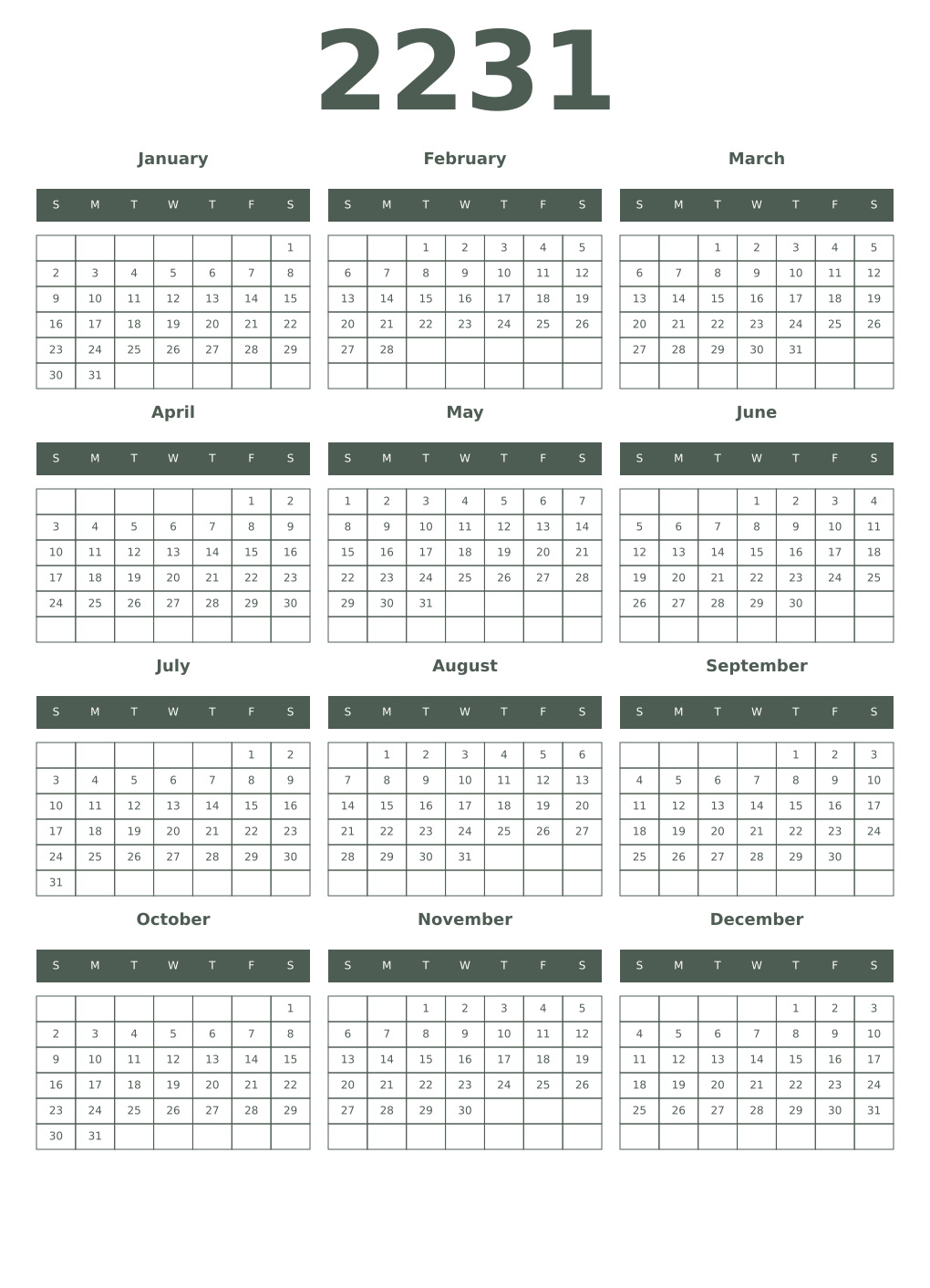 Printable 2231 Year Calendars feldgrau