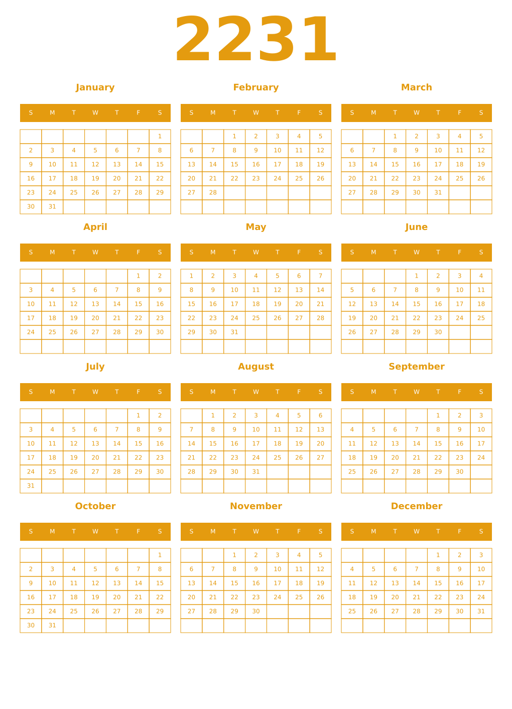 Printable 2231 Year Calendars gamboge