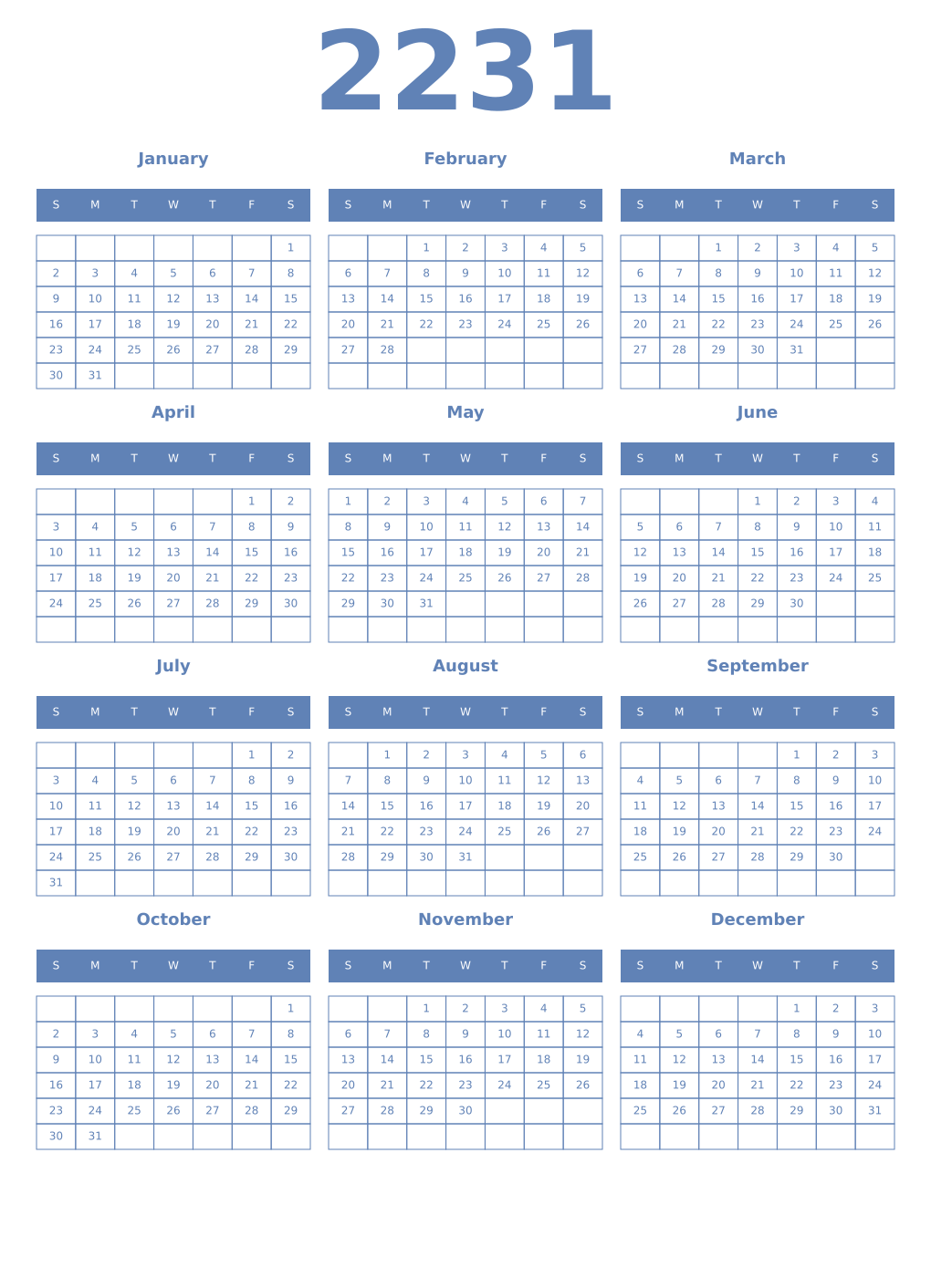 Printable 2231 Year Calendars glaucous
