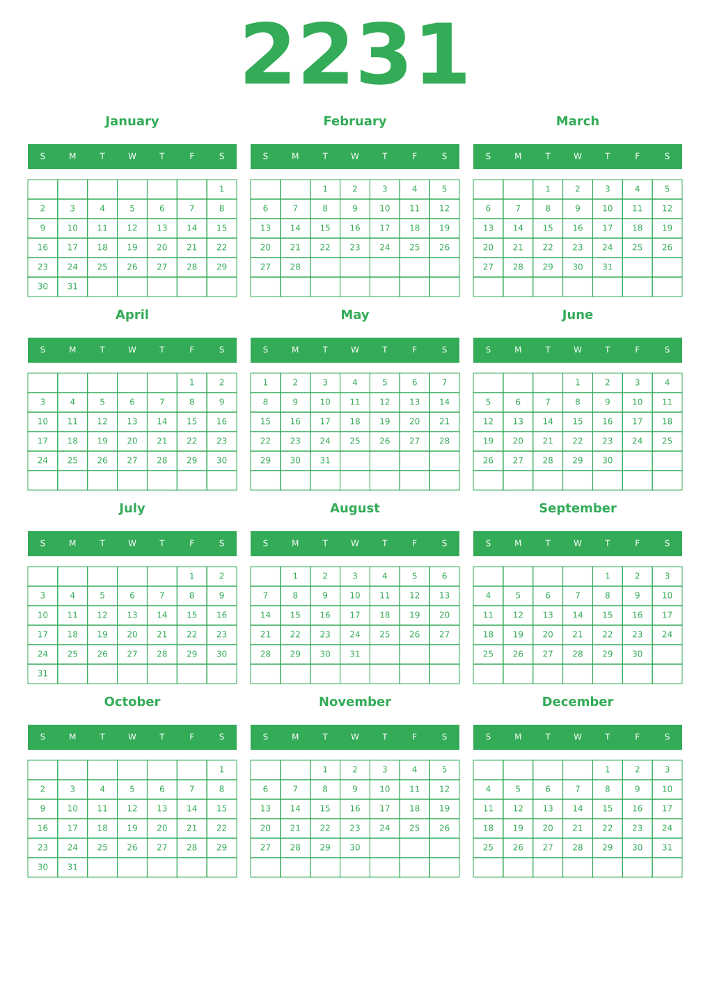Printable 2231 Year Calendars green