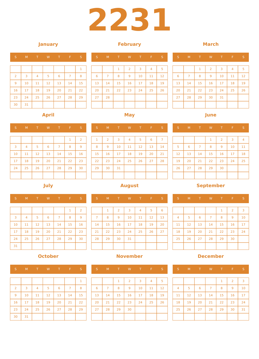 Printable 2231 Year Calendars orange