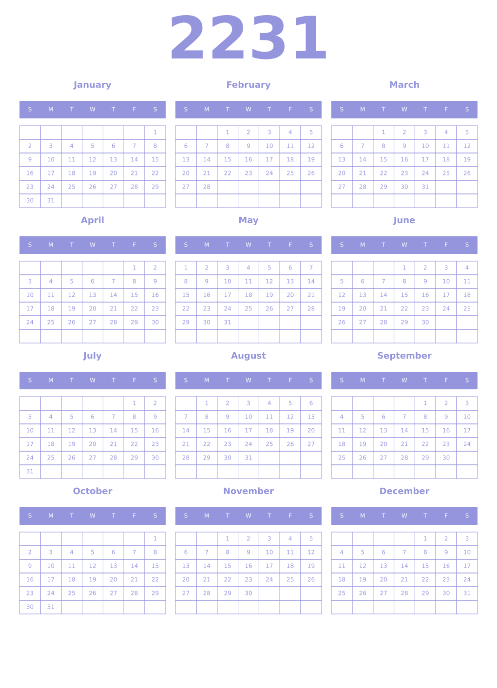Printable 2231 Year Calendars periwinkle
