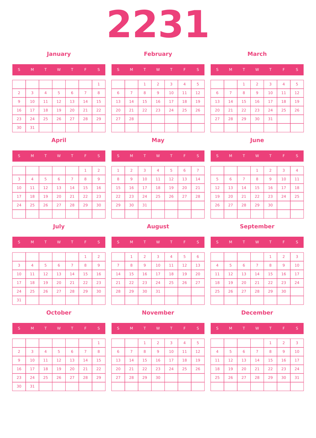 Printable 2231 Year Calendars pink
