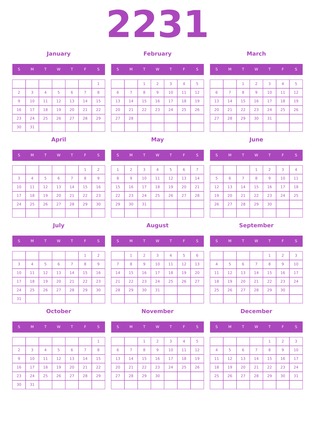 Printable 2231 Year Calendars purple