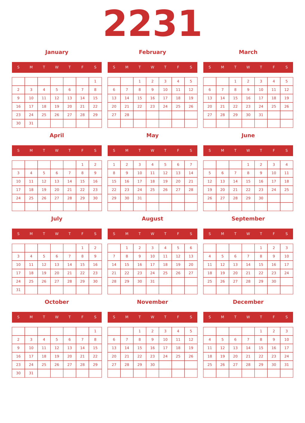Printable 2231 Year Calendars red