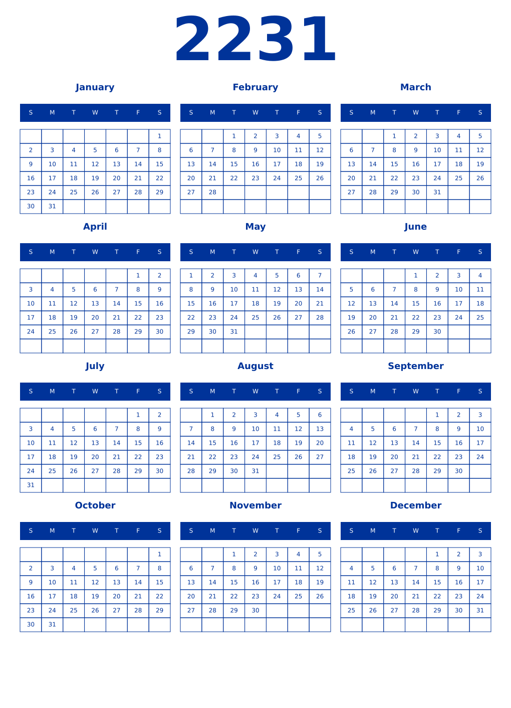 Printable 2231 Year Calendars smalt