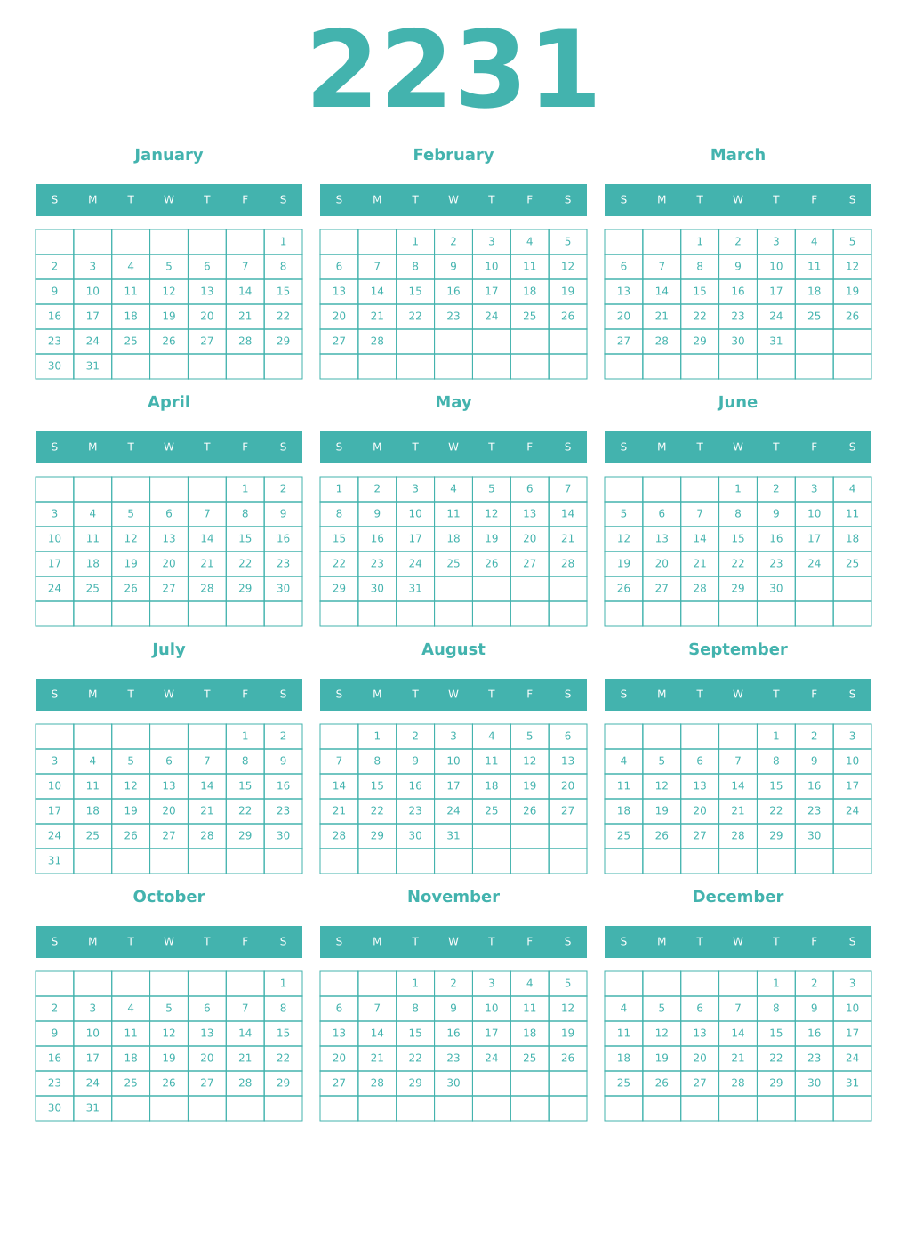 Printable 2231 Year Calendars verdigris