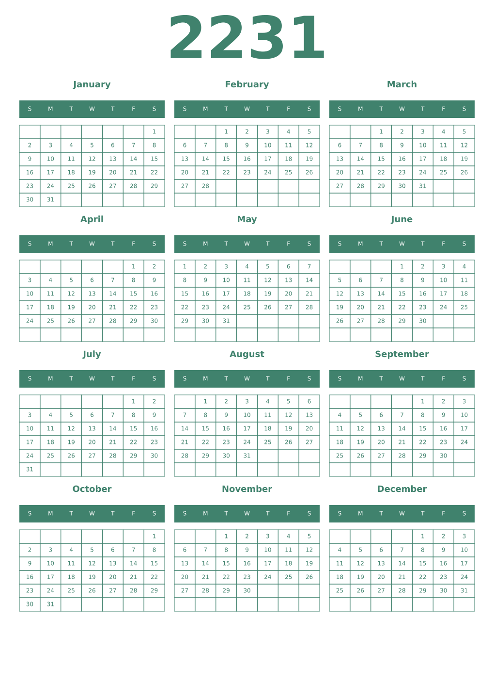 Printable 2231 Year Calendars viridian