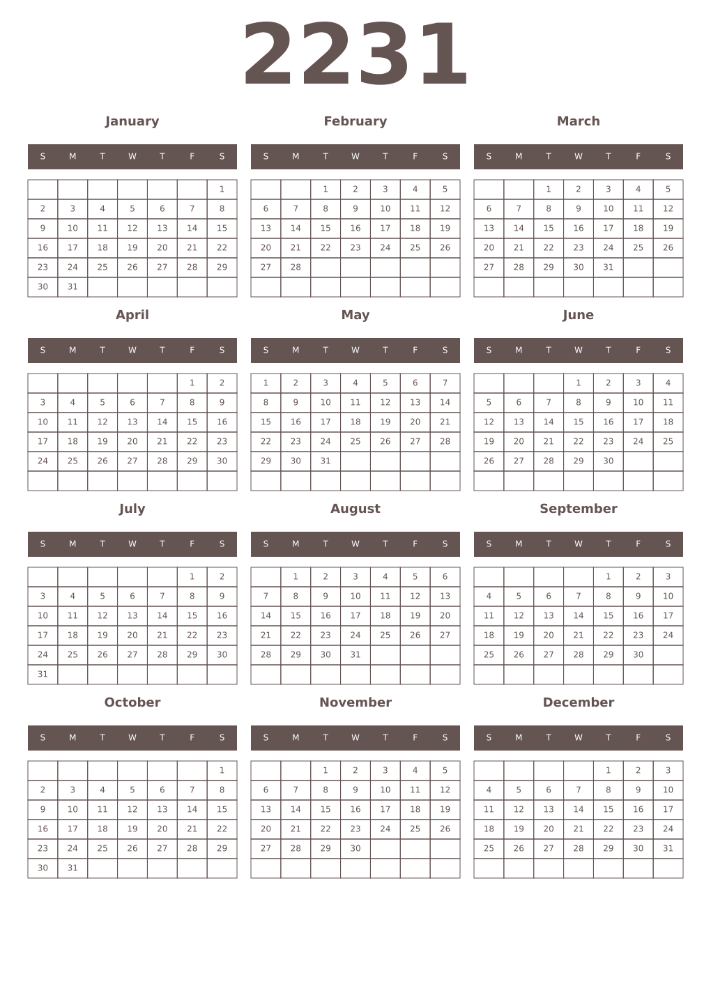 Printable 2231 Year Calendars wenge