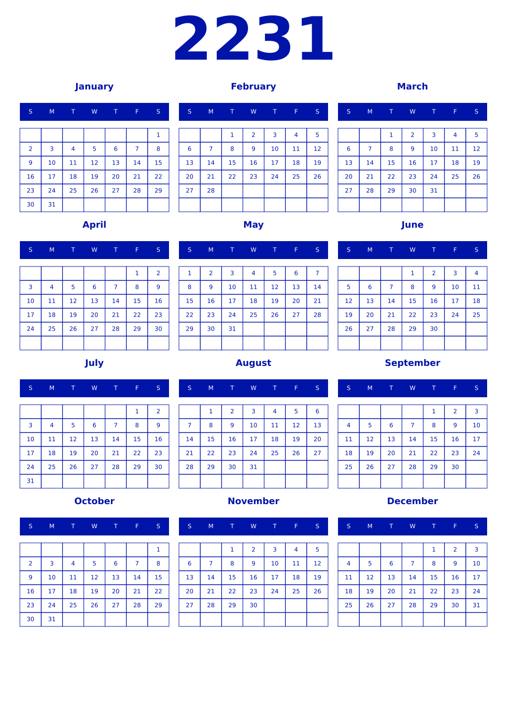 Printable 2231 Year Calendars zaffre