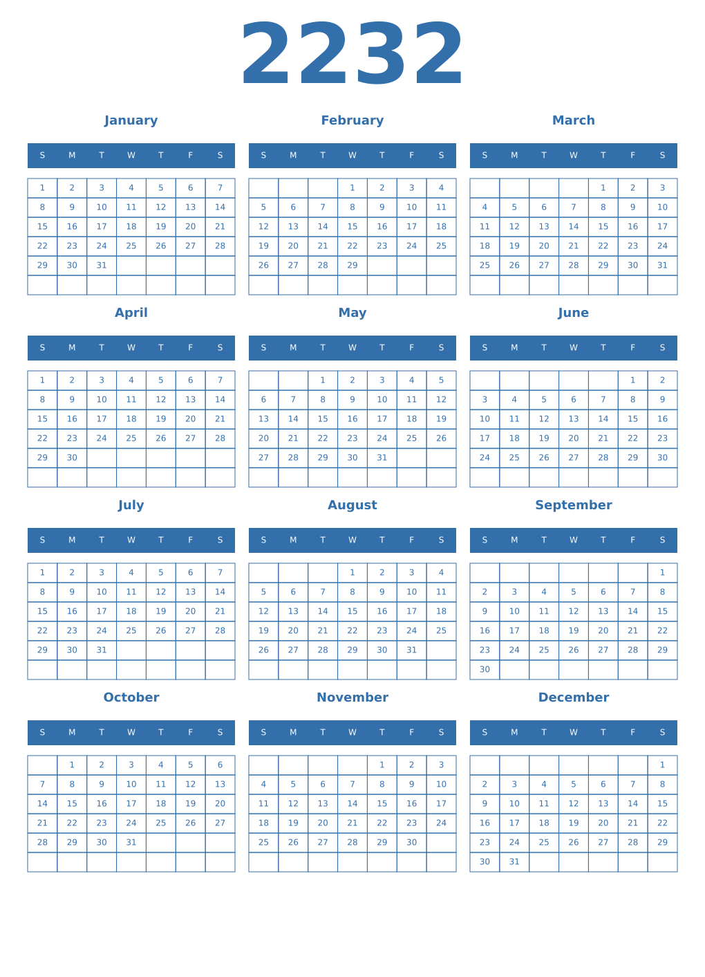 Printable 2232 Year Calendars blue